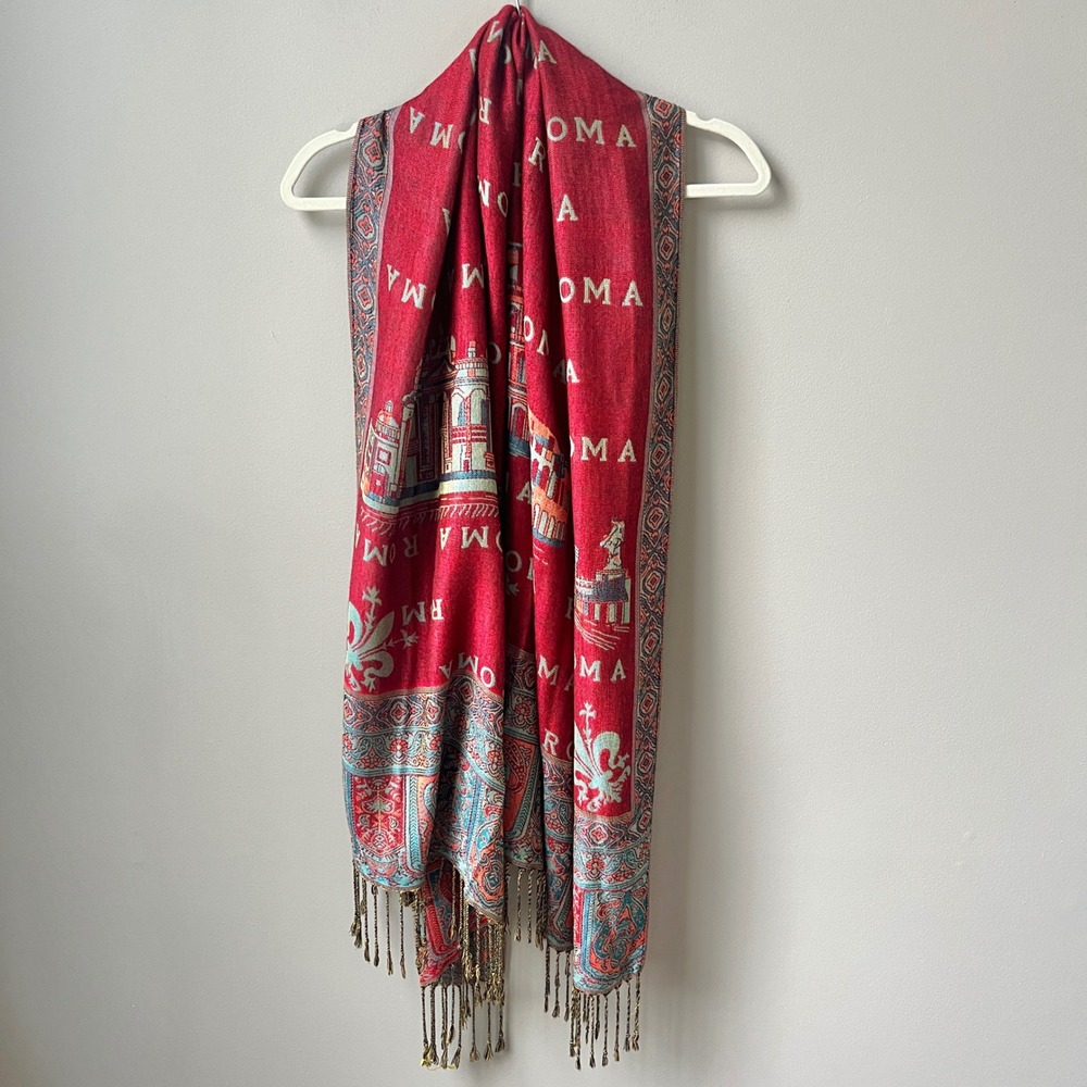 Roma Italy Pashmina Scarf Red Teal Fringe Tassels Soft Lightweight Layering Wrap